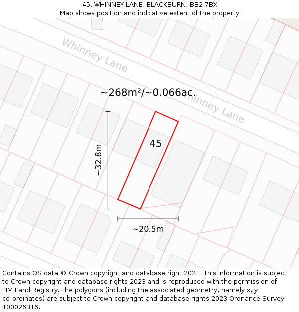 45, WHINNEY LANE, BLACKBURN, BB2 7BX: Plot and title map