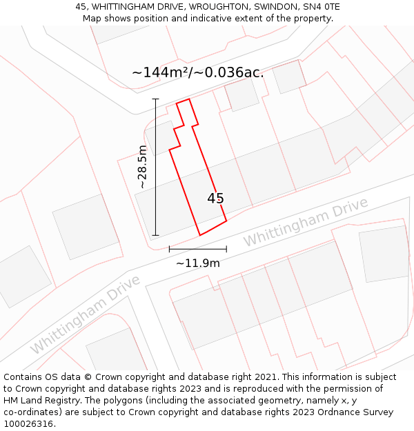 45, WHITTINGHAM DRIVE, WROUGHTON, SWINDON, SN4 0TE: Plot and title map