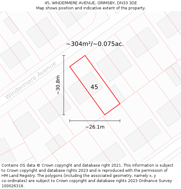 45, WINDERMERE AVENUE, GRIMSBY, DN33 3DE: Plot and title map