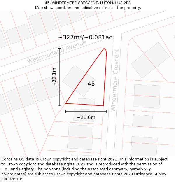 45, WINDERMERE CRESCENT, LUTON, LU3 2PR: Plot and title map