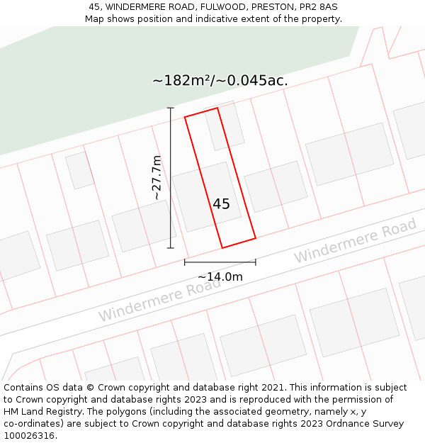 45, WINDERMERE ROAD, FULWOOD, PRESTON, PR2 8AS: Plot and title map