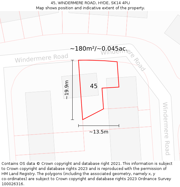 45, WINDERMERE ROAD, HYDE, SK14 4PU: Plot and title map