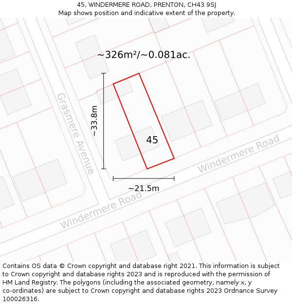 45, WINDERMERE ROAD, PRENTON, CH43 9SJ: Plot and title map