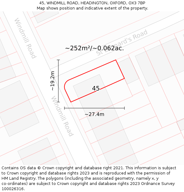 45, WINDMILL ROAD, HEADINGTON, OXFORD, OX3 7BP: Plot and title map