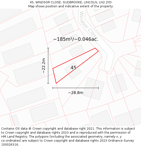 45, WINDSOR CLOSE, SUDBROOKE, LINCOLN, LN2 2YD: Plot and title map
