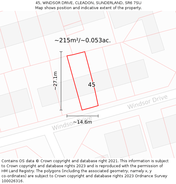 45, WINDSOR DRIVE, CLEADON, SUNDERLAND, SR6 7SU: Plot and title map