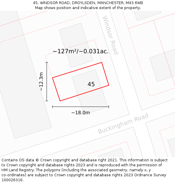 45, WINDSOR ROAD, DROYLSDEN, MANCHESTER, M43 6WB: Plot and title map