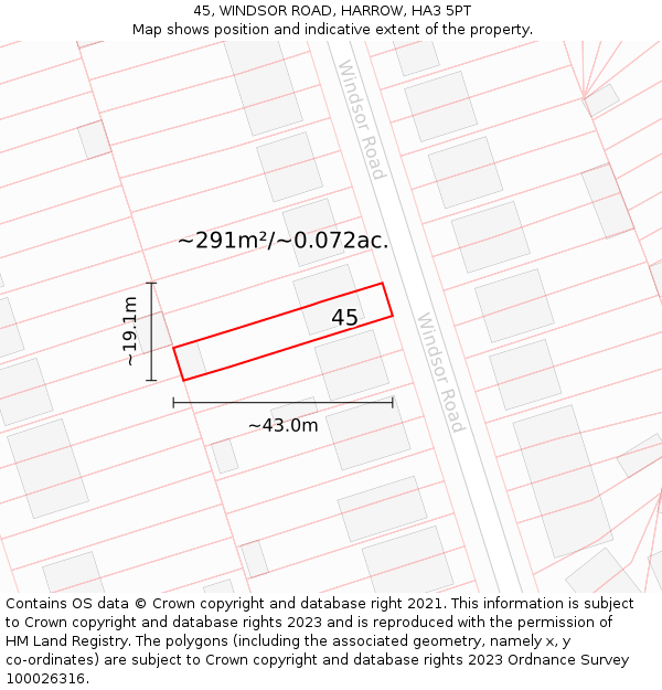 45, WINDSOR ROAD, HARROW, HA3 5PT: Plot and title map