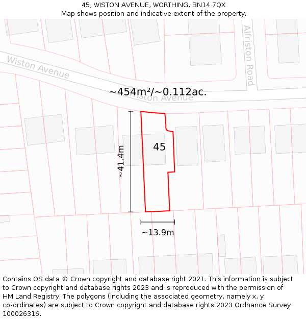 45, WISTON AVENUE, WORTHING, BN14 7QX: Plot and title map