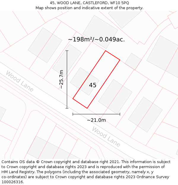 45, WOOD LANE, CASTLEFORD, WF10 5PQ: Plot and title map