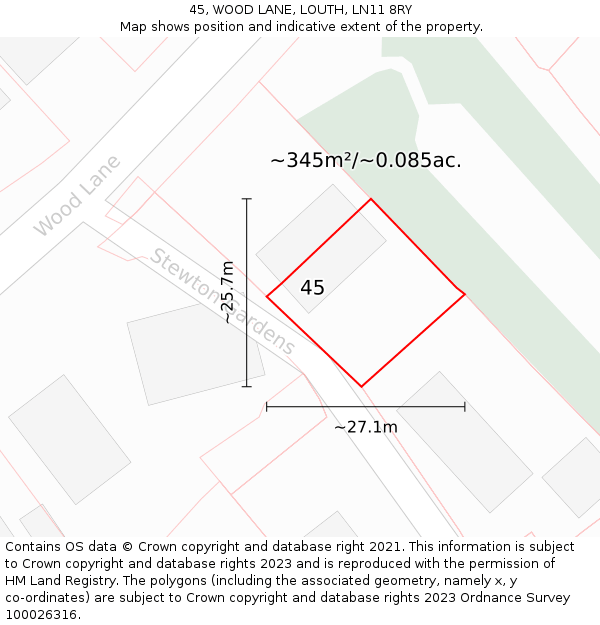 45, WOOD LANE, LOUTH, LN11 8RY: Plot and title map