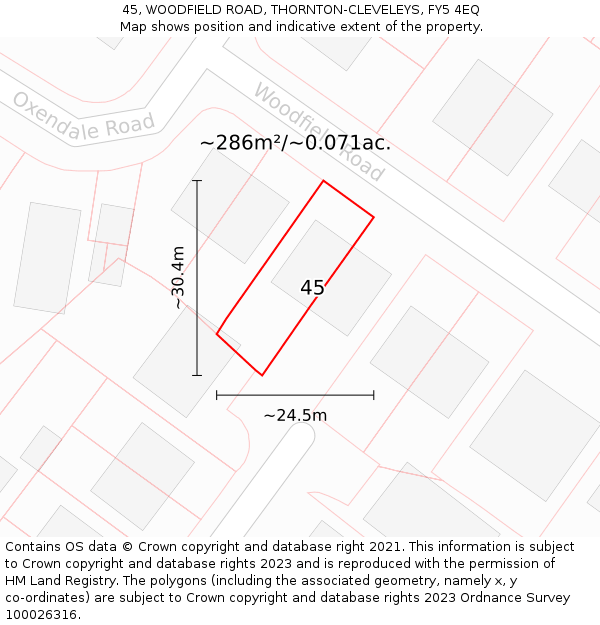 45, WOODFIELD ROAD, THORNTON-CLEVELEYS, FY5 4EQ: Plot and title map