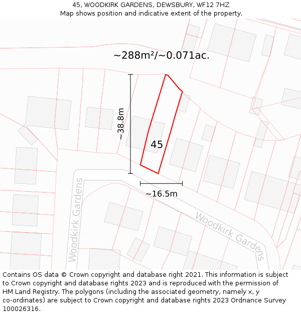 45, WOODKIRK GARDENS, DEWSBURY, WF12 7HZ: Plot and title map