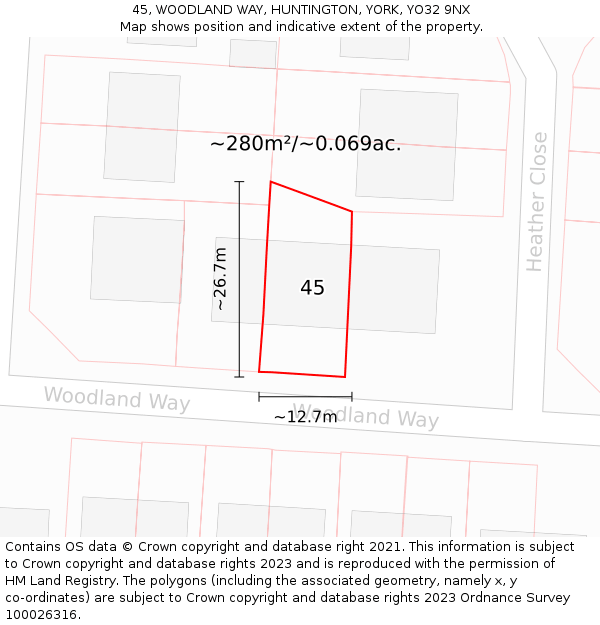 45, WOODLAND WAY, HUNTINGTON, YORK, YO32 9NX: Plot and title map