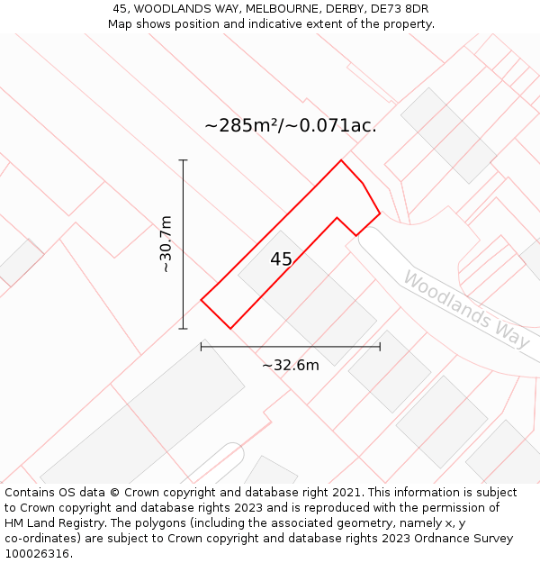 45, WOODLANDS WAY, MELBOURNE, DERBY, DE73 8DR: Plot and title map