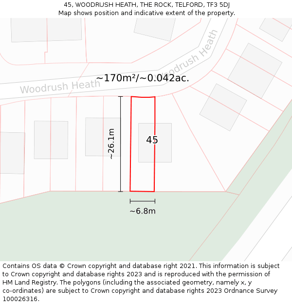 45, WOODRUSH HEATH, THE ROCK, TELFORD, TF3 5DJ: Plot and title map