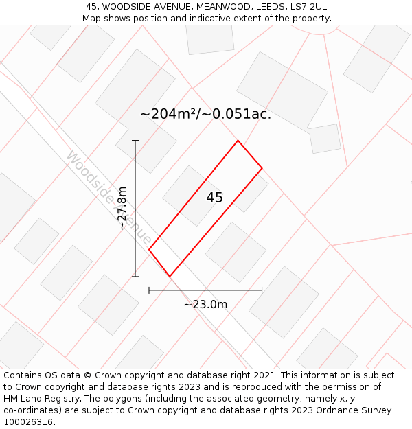 45, WOODSIDE AVENUE, MEANWOOD, LEEDS, LS7 2UL: Plot and title map
