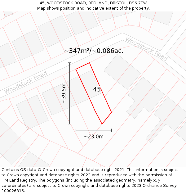 45, WOODSTOCK ROAD, REDLAND, BRISTOL, BS6 7EW: Plot and title map