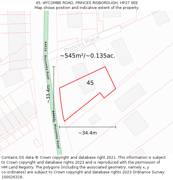 45, WYCOMBE ROAD, PRINCES RISBOROUGH, HP27 0EE: Plot and title map