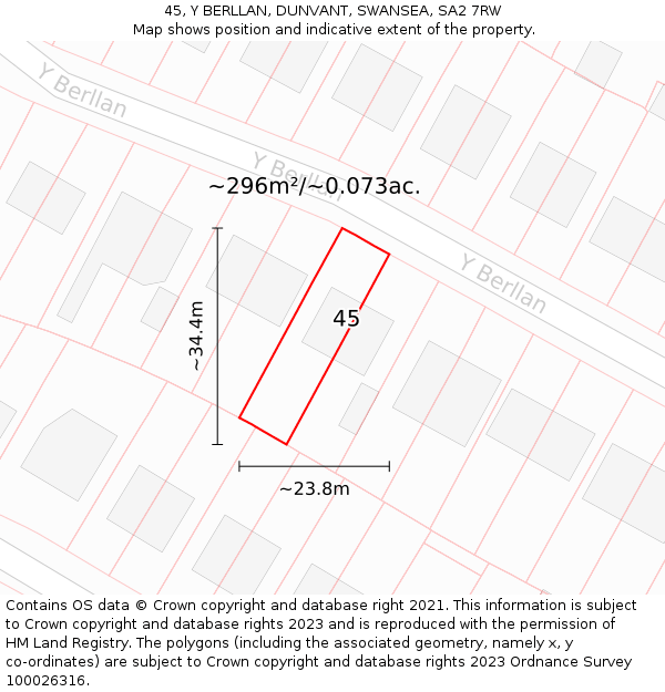 45, Y BERLLAN, DUNVANT, SWANSEA, SA2 7RW: Plot and title map
