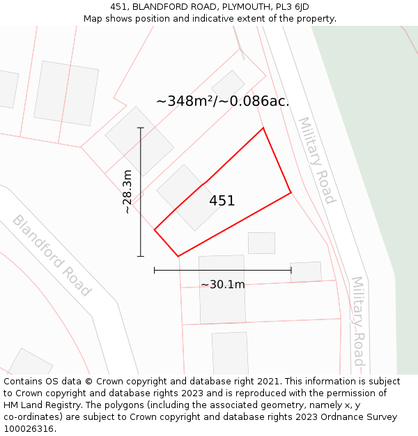 451, BLANDFORD ROAD, PLYMOUTH, PL3 6JD: Plot and title map