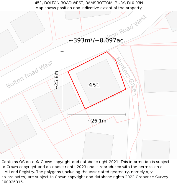 451, BOLTON ROAD WEST, RAMSBOTTOM, BURY, BL0 9RN: Plot and title map