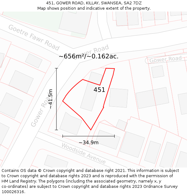 451, GOWER ROAD, KILLAY, SWANSEA, SA2 7DZ: Plot and title map