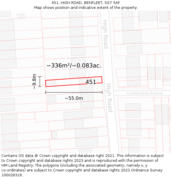 451, HIGH ROAD, BENFLEET, SS7 5AF: Plot and title map