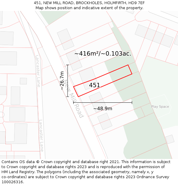 451, NEW MILL ROAD, BROCKHOLES, HOLMFIRTH, HD9 7EF: Plot and title map