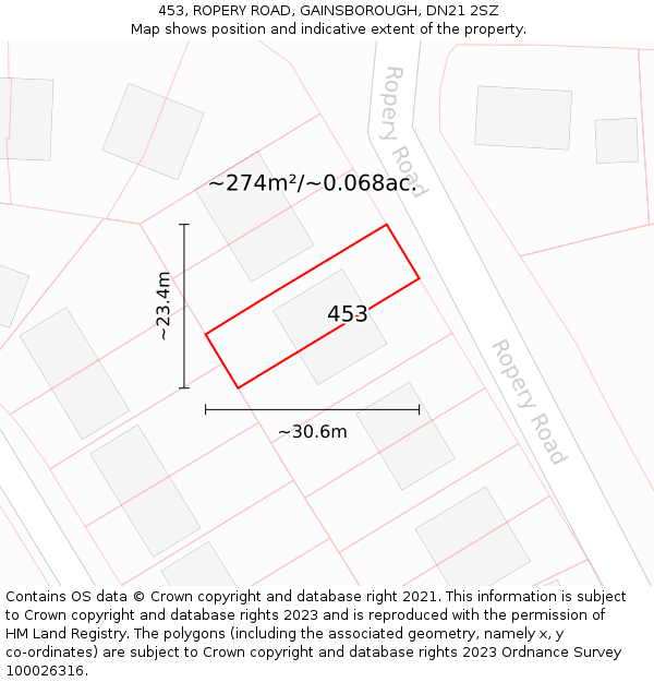 453, ROPERY ROAD, GAINSBOROUGH, DN21 2SZ: Plot and title map