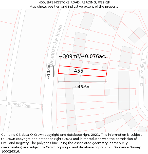 455, BASINGSTOKE ROAD, READING, RG2 0JF: Plot and title map