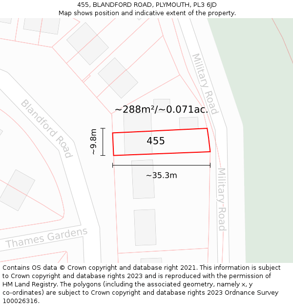 455, BLANDFORD ROAD, PLYMOUTH, PL3 6JD: Plot and title map