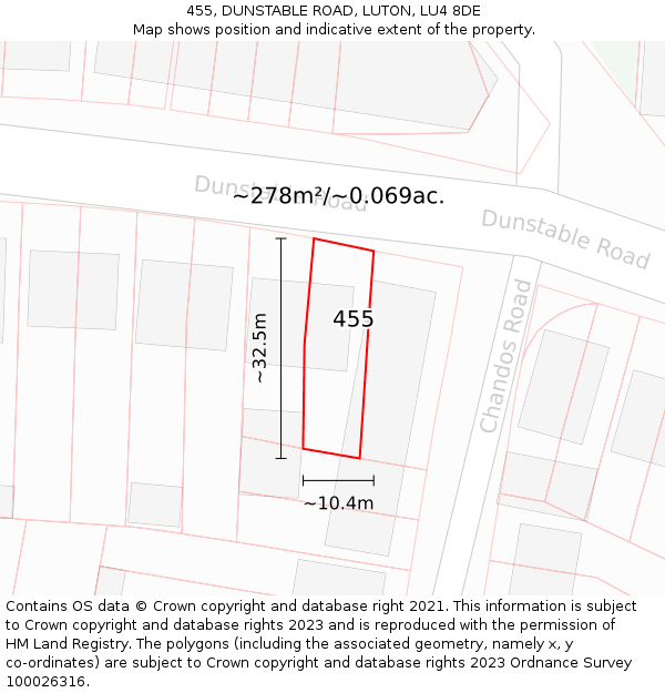 455, DUNSTABLE ROAD, LUTON, LU4 8DE: Plot and title map