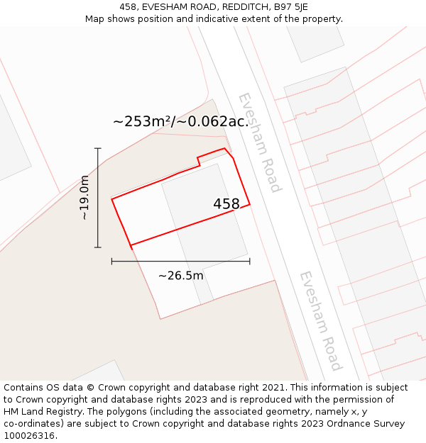 458, EVESHAM ROAD, REDDITCH, B97 5JE: Plot and title map