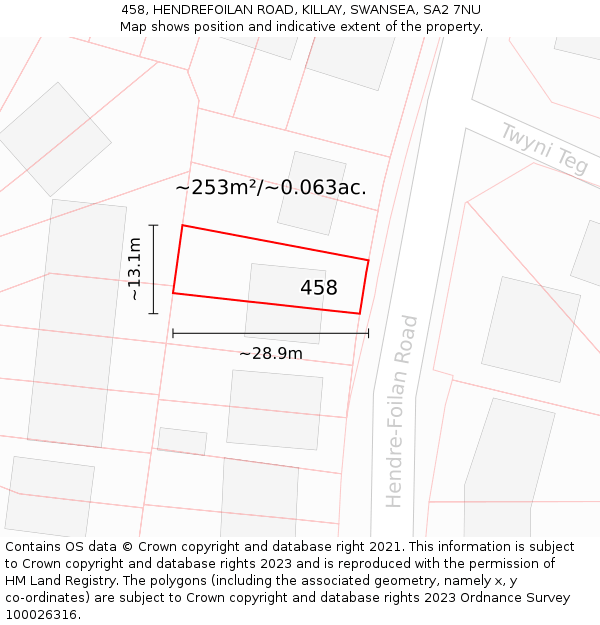 458, HENDREFOILAN ROAD, KILLAY, SWANSEA, SA2 7NU: Plot and title map