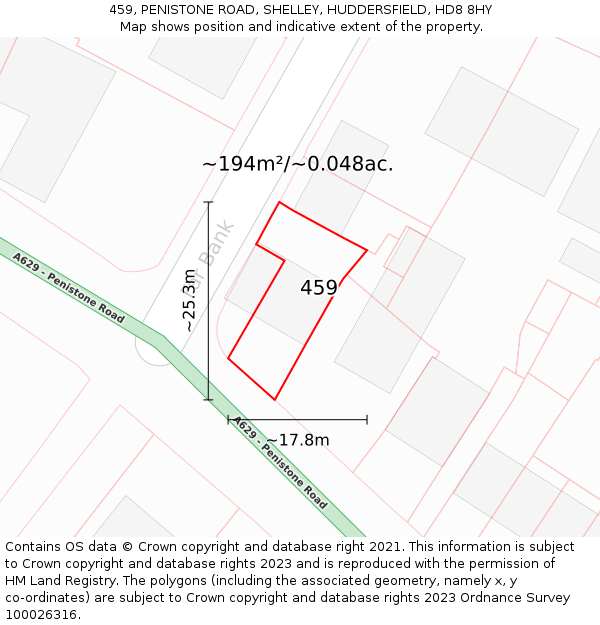 459, PENISTONE ROAD, SHELLEY, HUDDERSFIELD, HD8 8HY: Plot and title map
