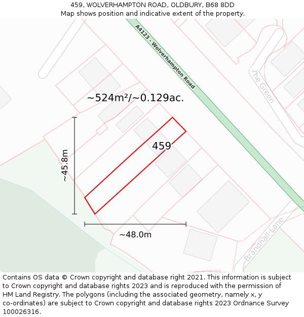 459, WOLVERHAMPTON ROAD, OLDBURY, B68 8DD: Plot and title map