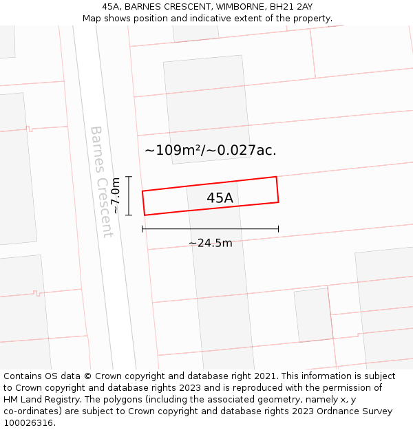 45A, BARNES CRESCENT, WIMBORNE, BH21 2AY: Plot and title map