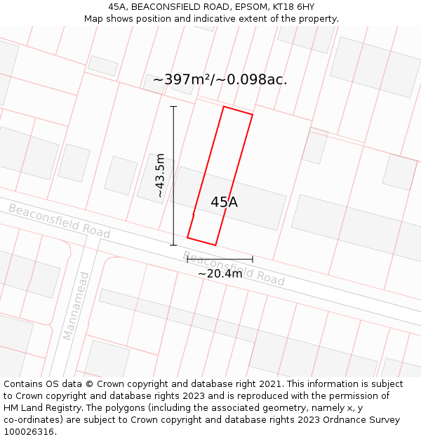 45A, BEACONSFIELD ROAD, EPSOM, KT18 6HY: Plot and title map