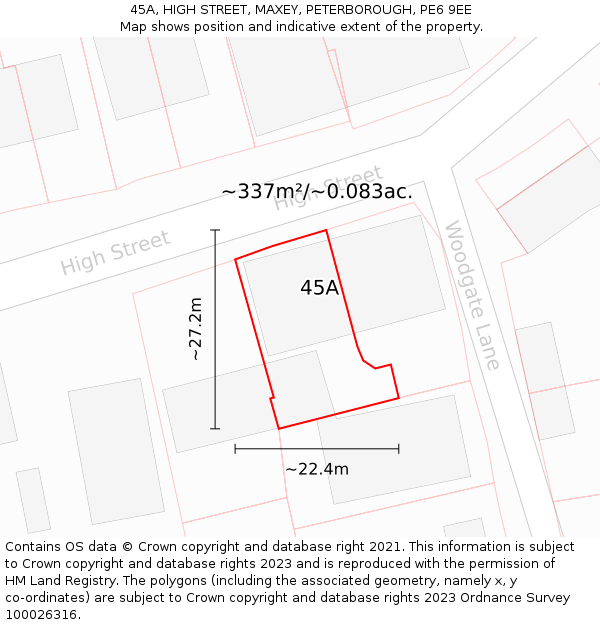 45A, HIGH STREET, MAXEY, PETERBOROUGH, PE6 9EE: Plot and title map