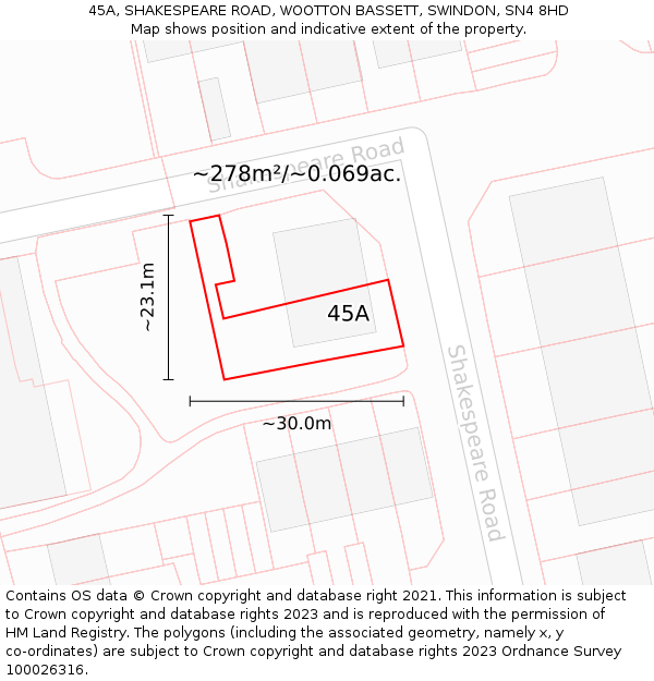 45A, SHAKESPEARE ROAD, WOOTTON BASSETT, SWINDON, SN4 8HD: Plot and title map