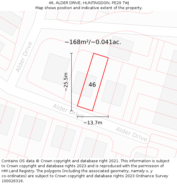 46, ALDER DRIVE, HUNTINGDON, PE29 7WJ: Plot and title map