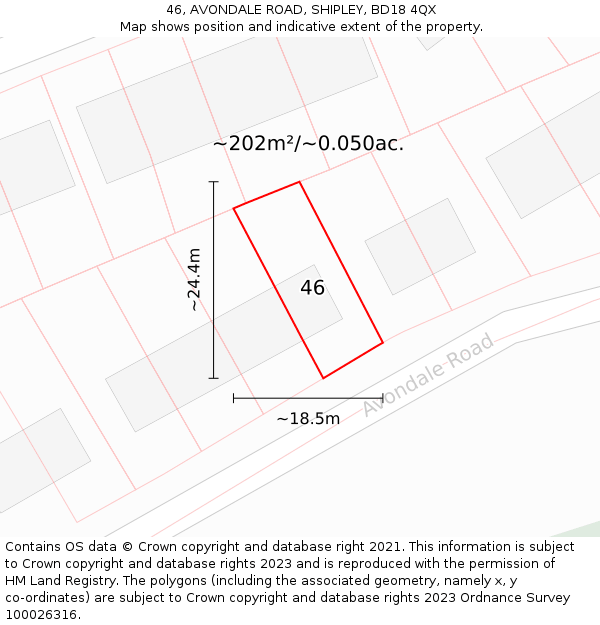 46, AVONDALE ROAD, SHIPLEY, BD18 4QX: Plot and title map