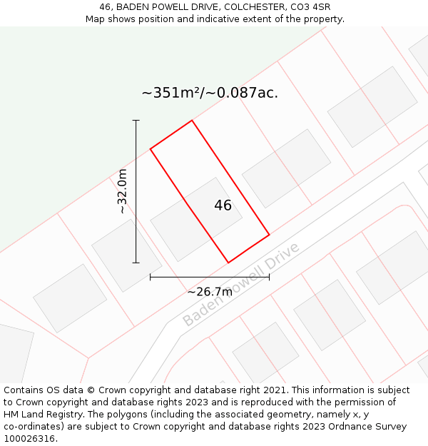 46, BADEN POWELL DRIVE, COLCHESTER, CO3 4SR: Plot and title map