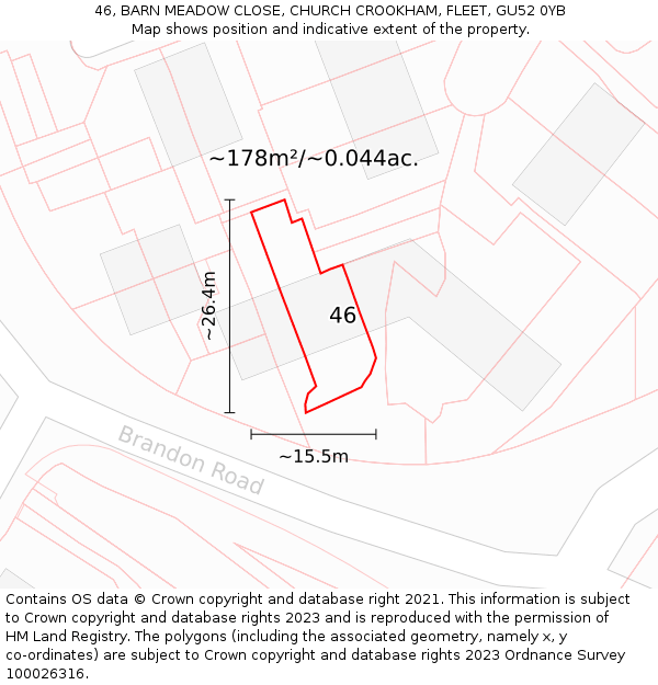 46, BARN MEADOW CLOSE, CHURCH CROOKHAM, FLEET, GU52 0YB: Plot and title map