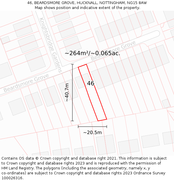 46, BEARDSMORE GROVE, HUCKNALL, NOTTINGHAM, NG15 8AW: Plot and title map
