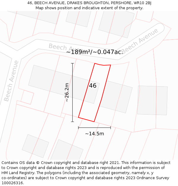 46, BEECH AVENUE, DRAKES BROUGHTON, PERSHORE, WR10 2BJ: Plot and title map