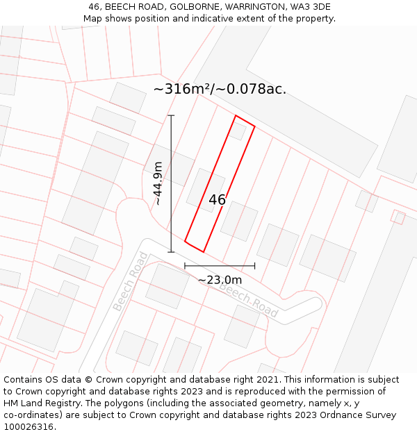 46, BEECH ROAD, GOLBORNE, WARRINGTON, WA3 3DE: Plot and title map