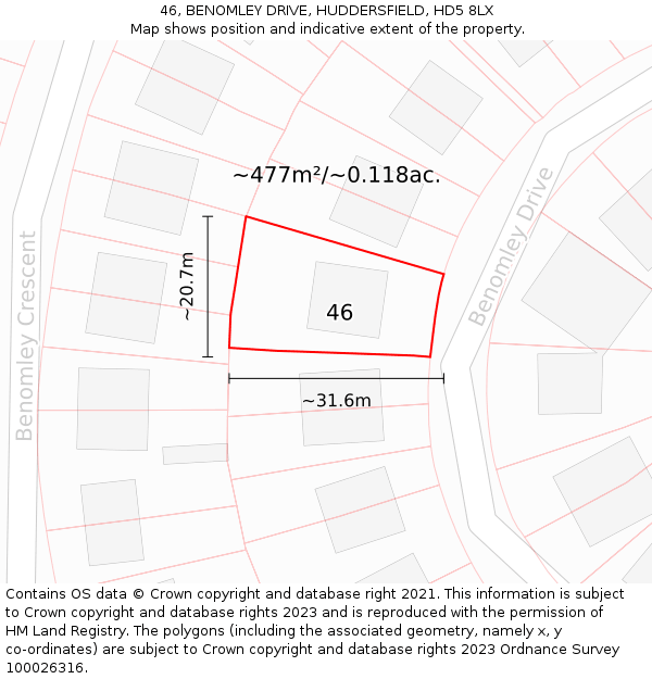46, BENOMLEY DRIVE, HUDDERSFIELD, HD5 8LX: Plot and title map