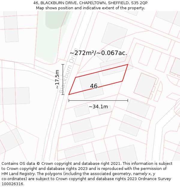 46, BLACKBURN DRIVE, CHAPELTOWN, SHEFFIELD, S35 2QP: Plot and title map